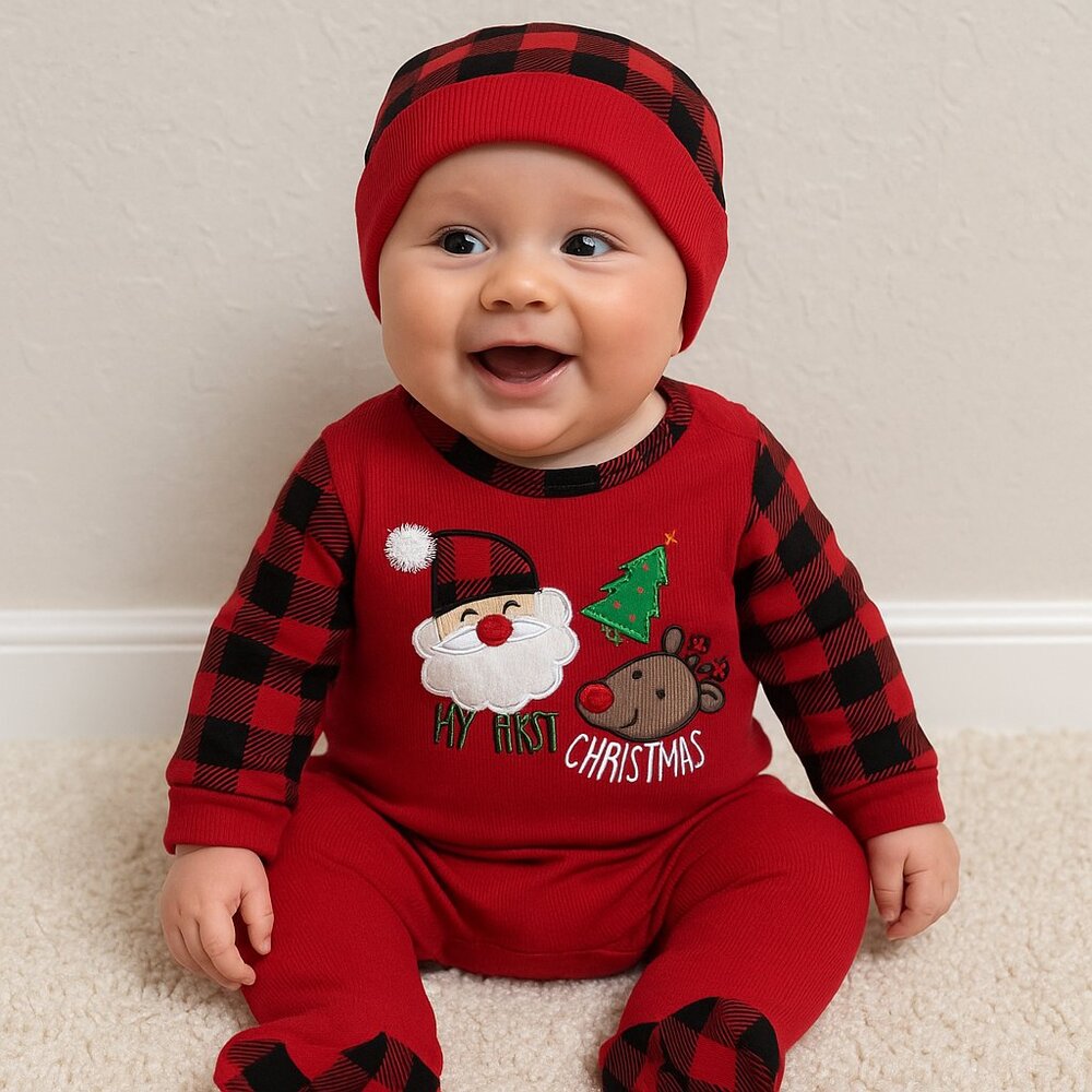 Baby Essentials Boys Sleeper "My First Christmas" 2 pc Santa Rudolph 3 Months